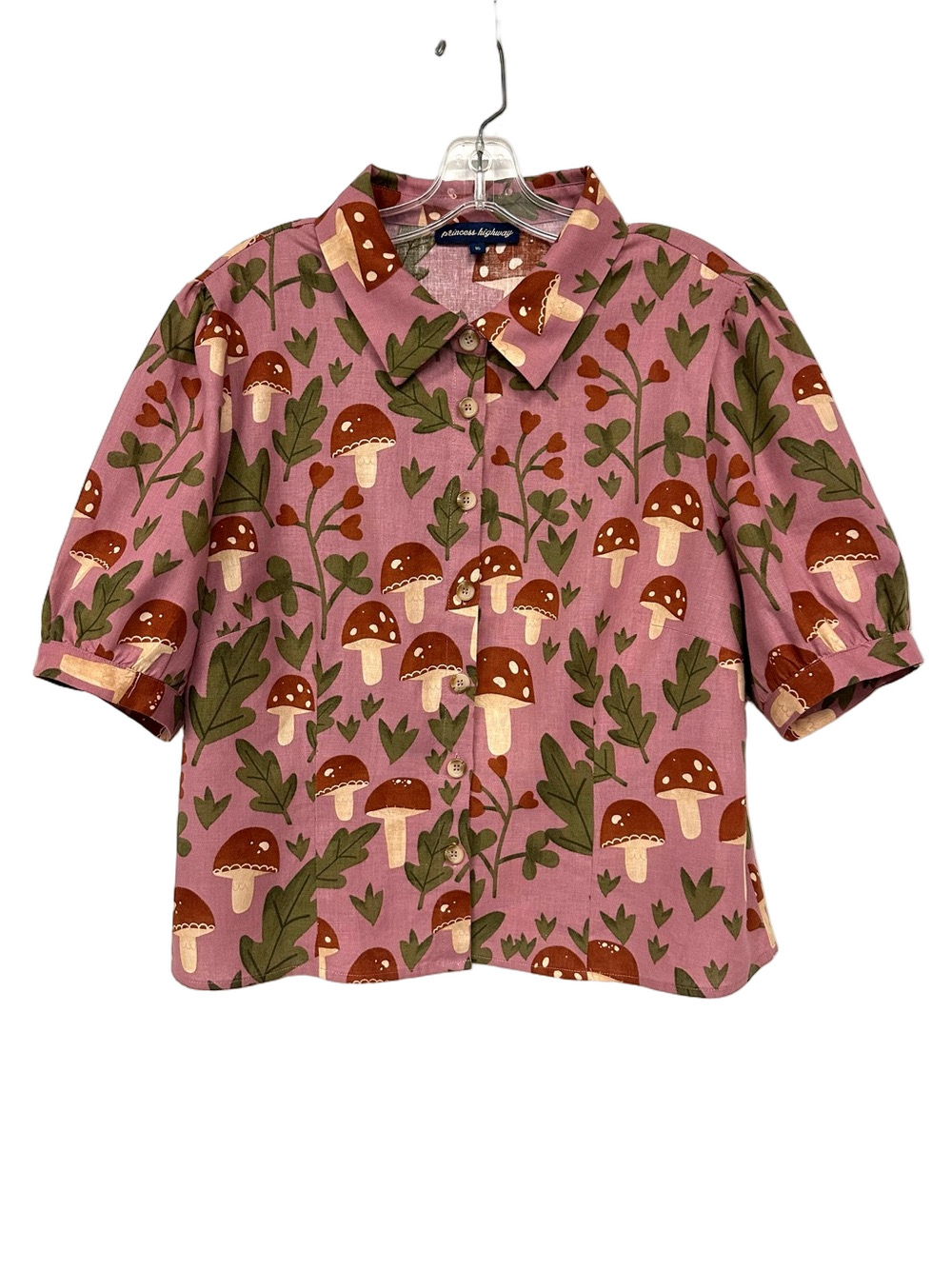 Princess Highway Mushroom Print Linen Cotton Blouse Pink Fits 12 Cottagecore